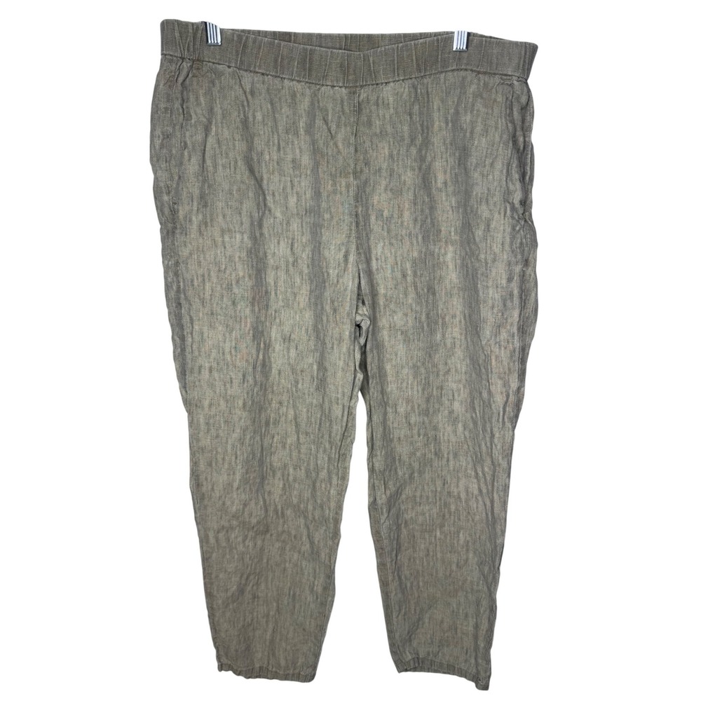 Eileen Fisher Organic Linen Tapered Pants Gray Green L Elastic Waist Pockets